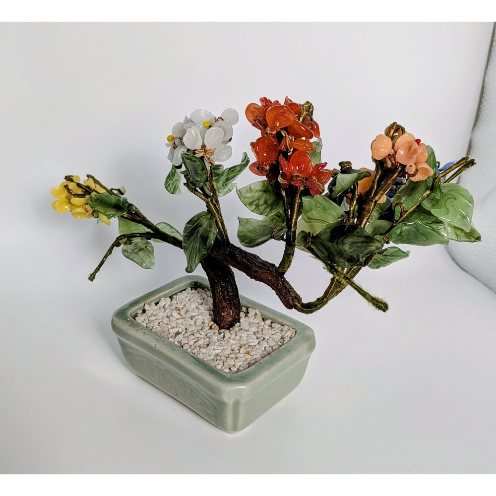 Vintage Chinese Jade Stone Glass Bonsai Mineral Tree Multi Color - Picture 6 of 11